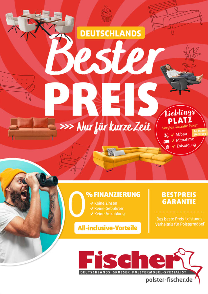 Möbelwerbung mit Preisen und Vergünstigungen.