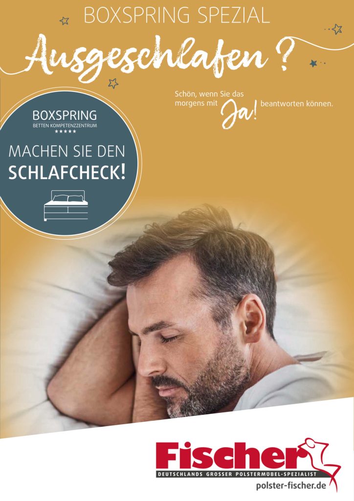 Entspannter Mann schläft auf hochwertigem Boxspringbett beim Boxspring Spezial von Polstermöbel Fischer – Boxspring Betten Kompetenzzentrum und professioneller Schlafcheck