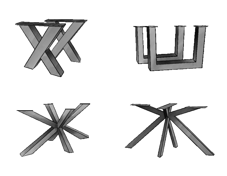 Vier verschiedene Tischgestelle aus Metall in modernem Design – angeboten von Die Tischlerei Outlet. Oben links ein gekreuztes X-Gestell, oben rechts ein U-förmiges Gestell, unten links ein sternförmiges Gestell mit mehreren schrägen Streben, unten rechts ein zentrales Spinnenfuß-Gestell mit vier Beinen.