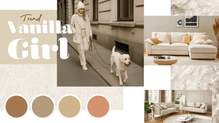 Moodboard zum Vanilla-Girl-Trend mit beigefarbener Mode, hellen Möbeln und Farbpalette in soften Naturtönen.