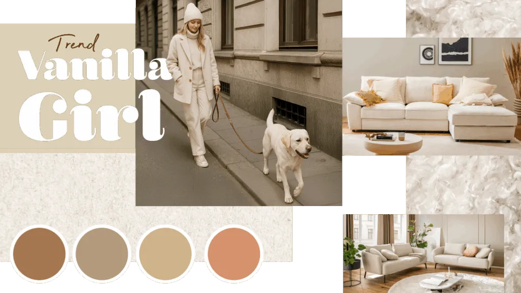Moodboard zum Vanilla-Girl-Trend mit beigefarbener Mode, hellen Möbeln und Farbpalette in soften Naturtönen.