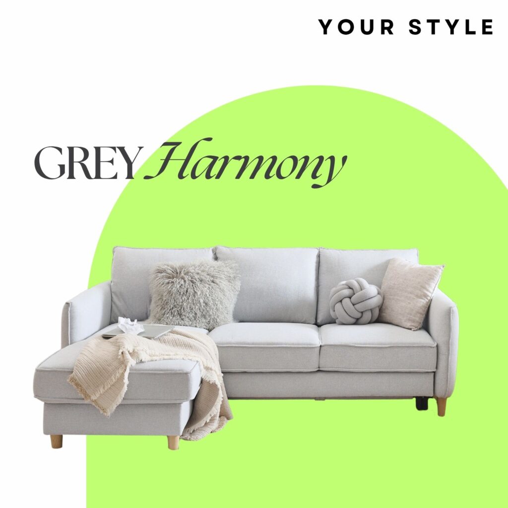 Modernes Ecksofa in hellem Grau mit stilvollen Kissen und Decke, vor einem leuchtend grünen Halbkreis als Hintergrund. Oben links steht der Schriftzug „GREY Harmony“, rechts oben „YOUR STYLE“. Das Sofa vermittelt eine ruhige, elegante Wohnatmosphäre.