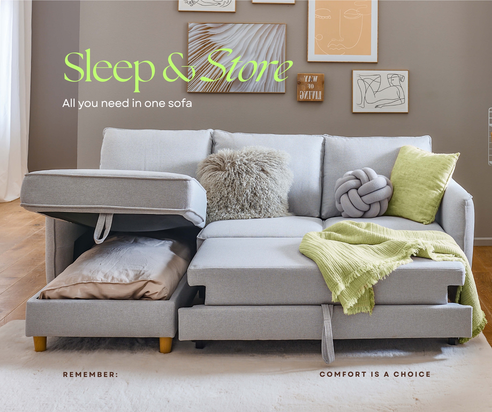 Hellgraues Sofa mit Stauraum und Ottomane, modern inszeniert in hellem Wohnzimmer mit Holzfußboden und stilvollen Accessoires