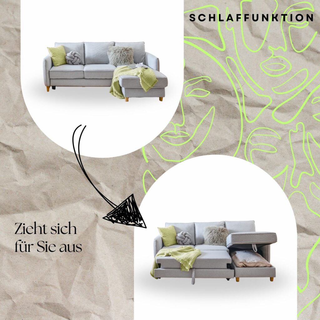 Modernes Ecksofa mit Schlaffunktion in hellgrauem Stoffbezug; obere Bildhälfte zeigt das Sofa im normalen Zustand, untere Bildhälfte demonstriert die ausgezogene Liegefläche und den geöffneten Stauraum mit Decken. Textaufschrift: „Zieht sich für Sie aus“ und „Schlaffunktion“ auf kreativ gestaltetem Hintergrund.