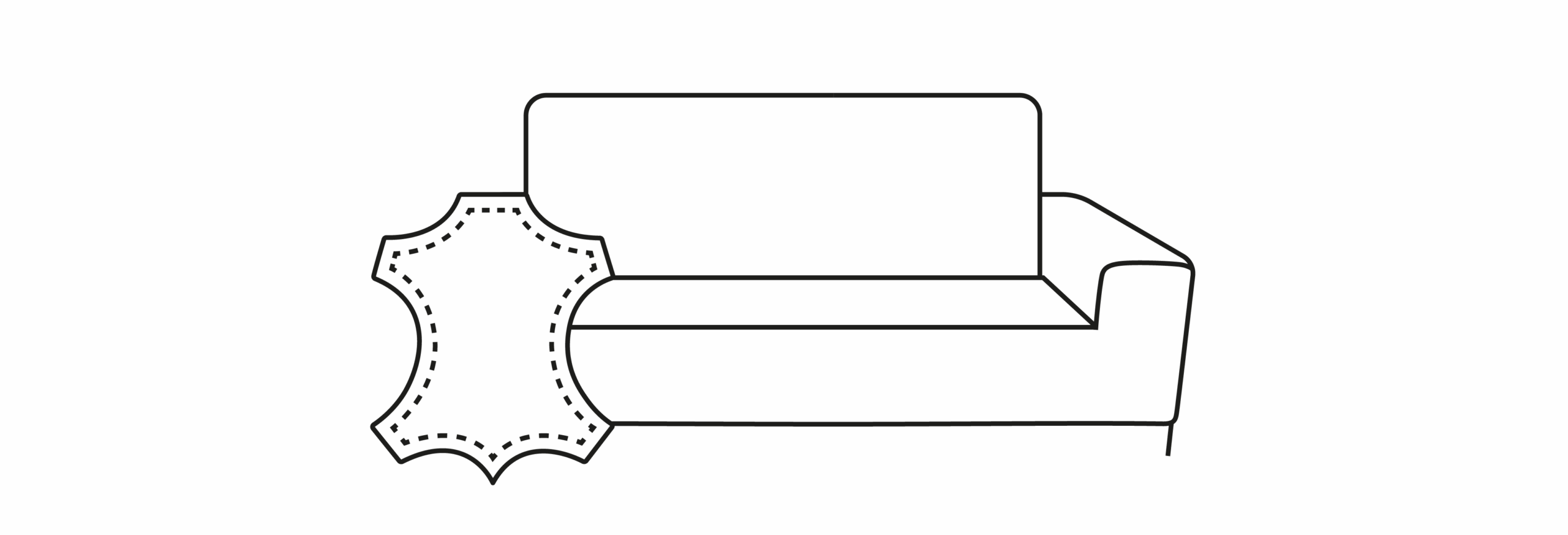 Icon mit stilisiertem Einzelsofa aus schwarzen Linien mit Echtleder-Zeichen links