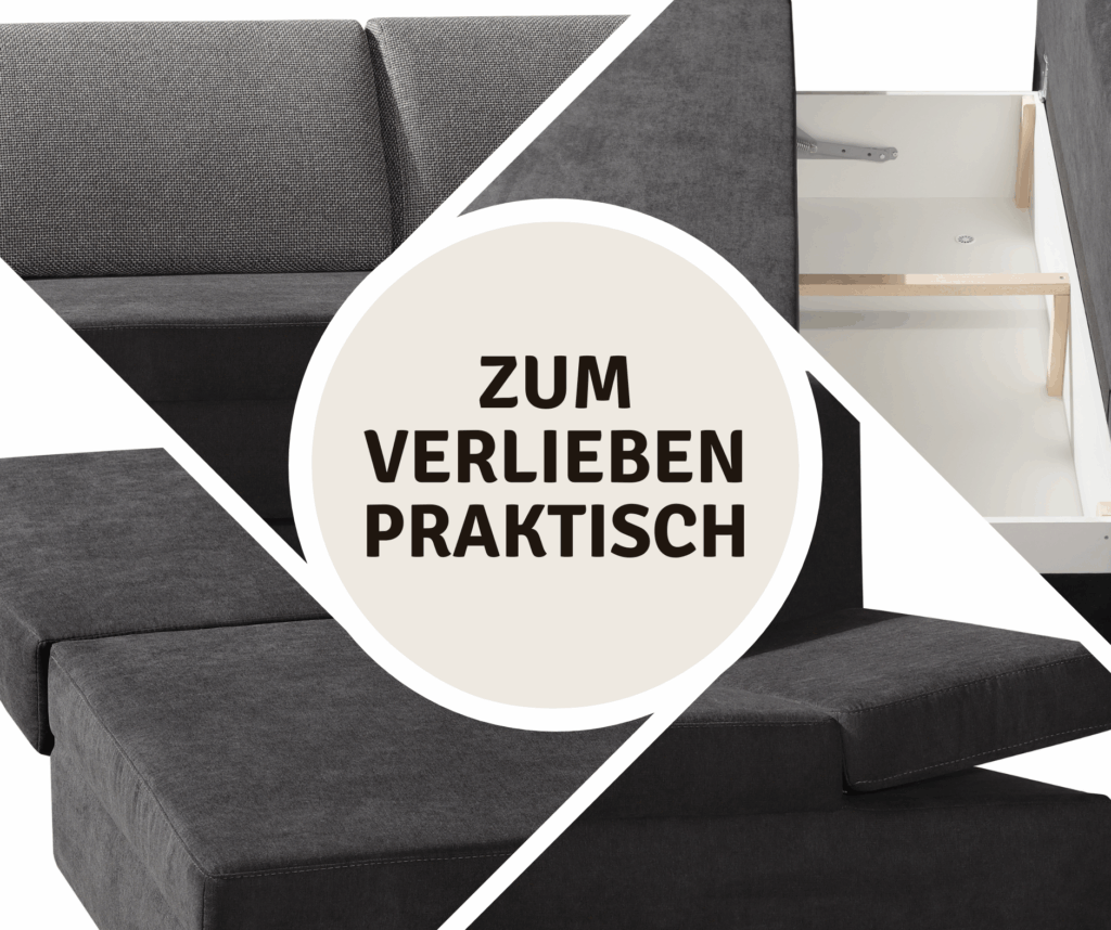 Praktisches Schlafsofa EZ-8 in dunklem Stoff mit Stauraumfunktion – moderne Details und vielseitige Verwandlungsmöglichkeiten, zum Verlieben praktisch.