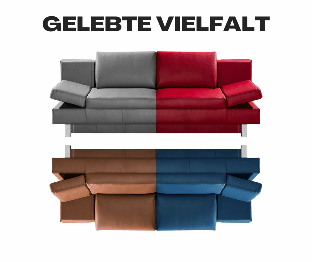 Sofa EZ-8 in verschiedenen Farben – graues, rotes, braunes und blaues Ledersofa mit verstellbaren Armlehnen, wandelbar und individuell kombinierbar.