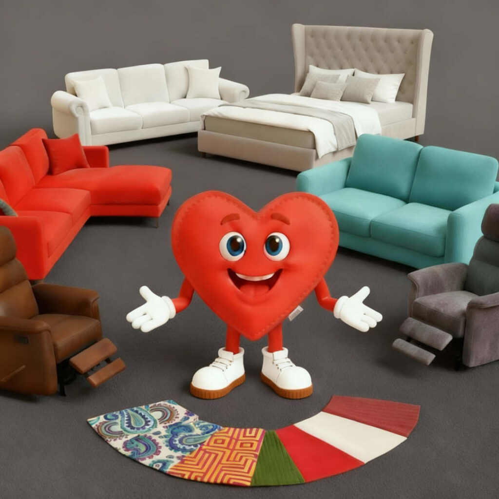 Herz-Maskottchen von Polstermöbel Fischer präsentiert Sofas, Betten und Relaxsessel – vielfältige Auswahl an Polstermöbeln und Stoffvarianten.