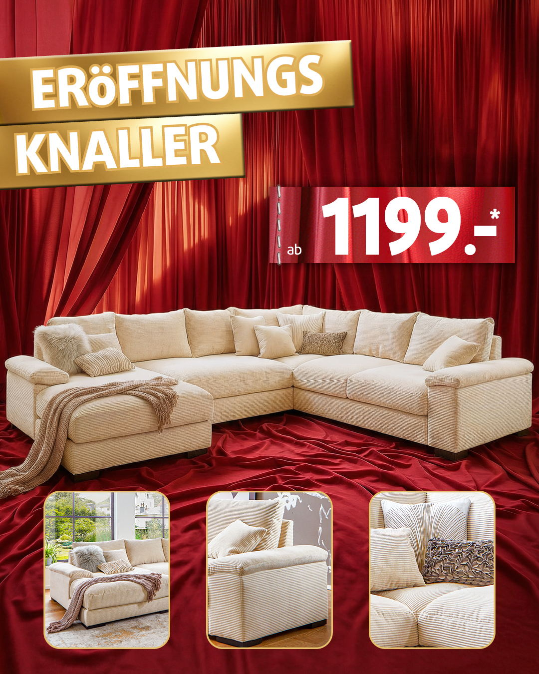 Eröffnungsknaller: beige Cord-Wohnlandschaft mit Recamiere und Kissen – Sofa-Angebot ab 1.199 Euro bei Polstermöbel Fischer.