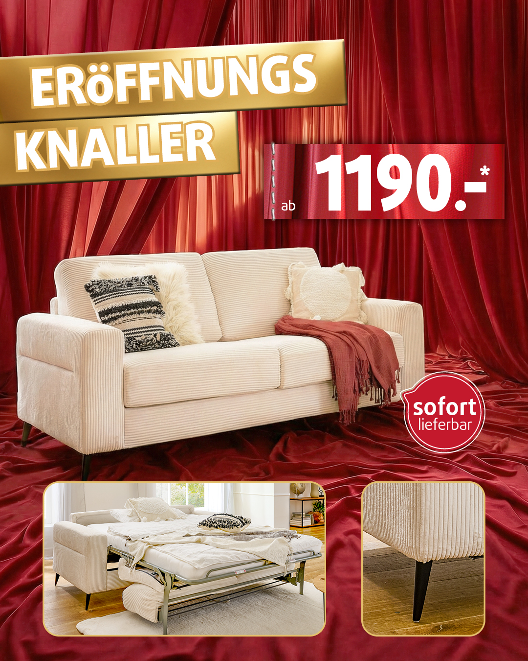 Eröffnungsknaller: beiges Cord-Schlafsofa mit Bettfunktion, sofort lieferbar – Angebot ab 1.190 Euro bei Polstermöbel Fischer.