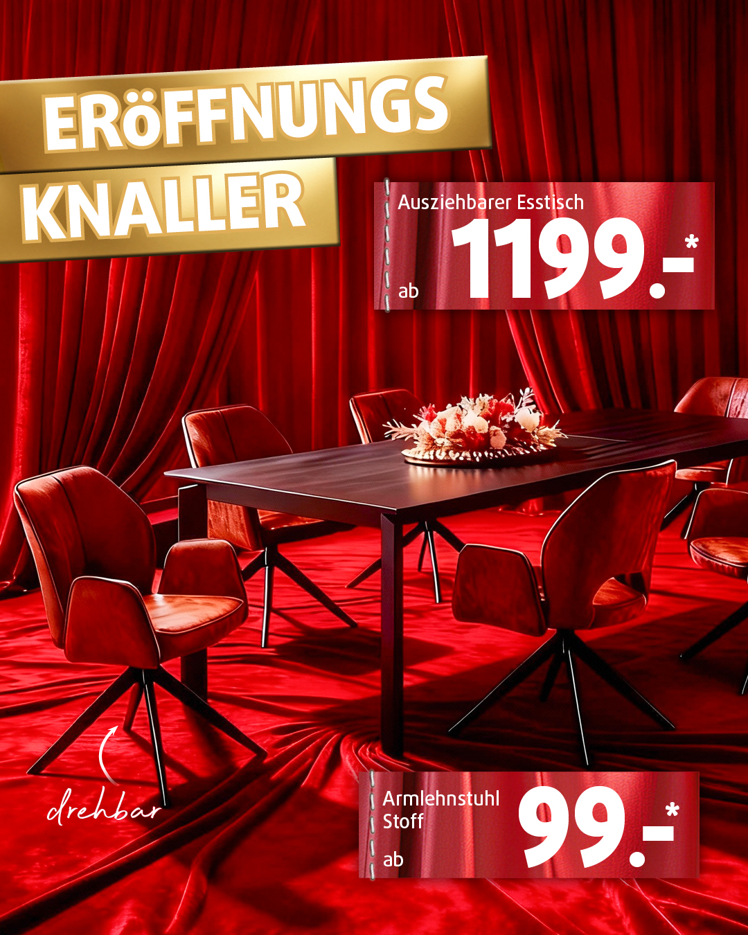 Eröffnungsknaller: ausziehbarer Esstisch mit drehbaren Stoff-Armlehnenstühlen – Tisch ab 1.199 Euro, Stuhl ab 99 Euro bei Polstermöbel Fischer.