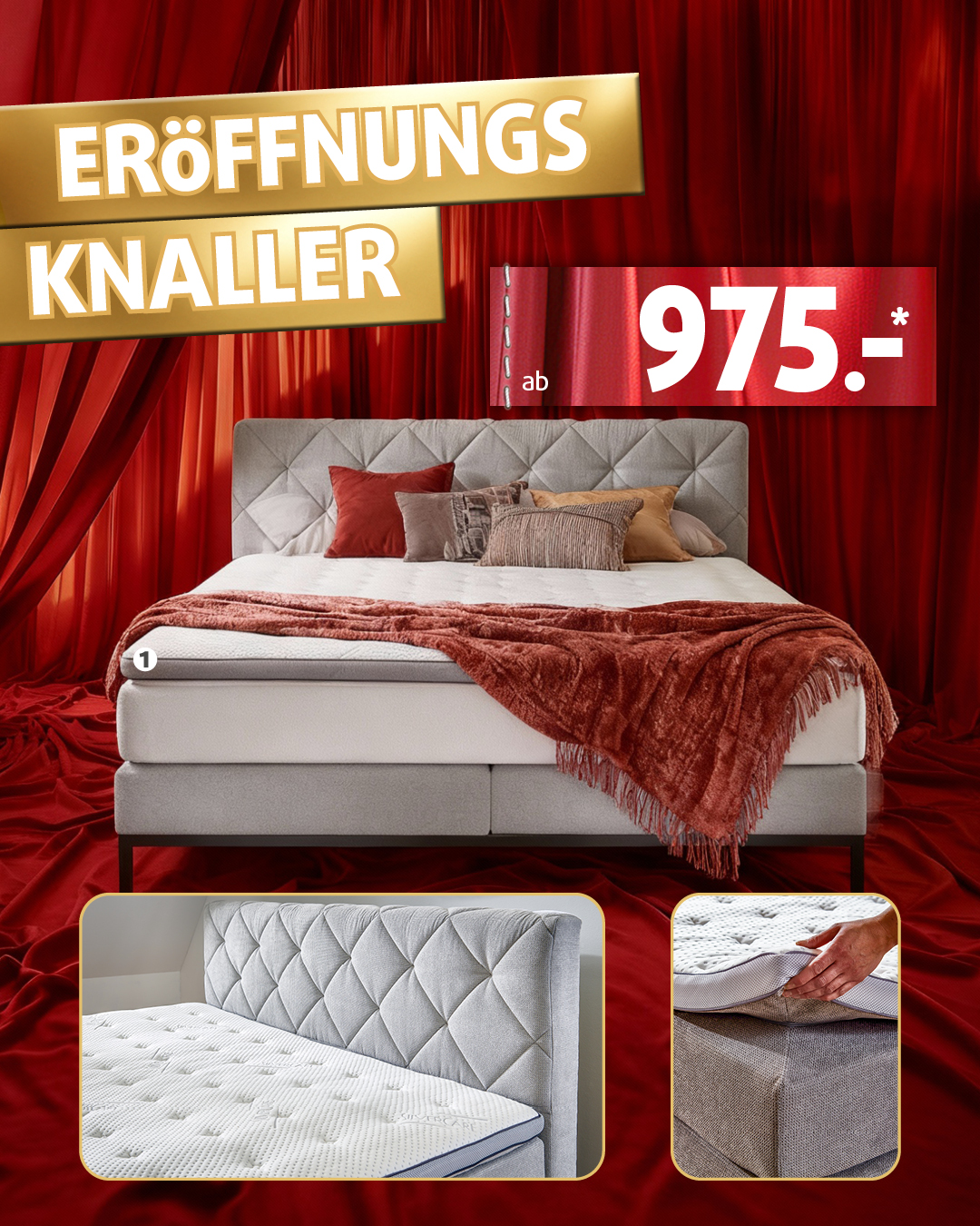 Boxspringbett ca. 180 x 214 cm, Liegefläche ca. 180 x 200 cm, Höhe ca. 56 cm. Inklusive  Topper. Ohne Deko.