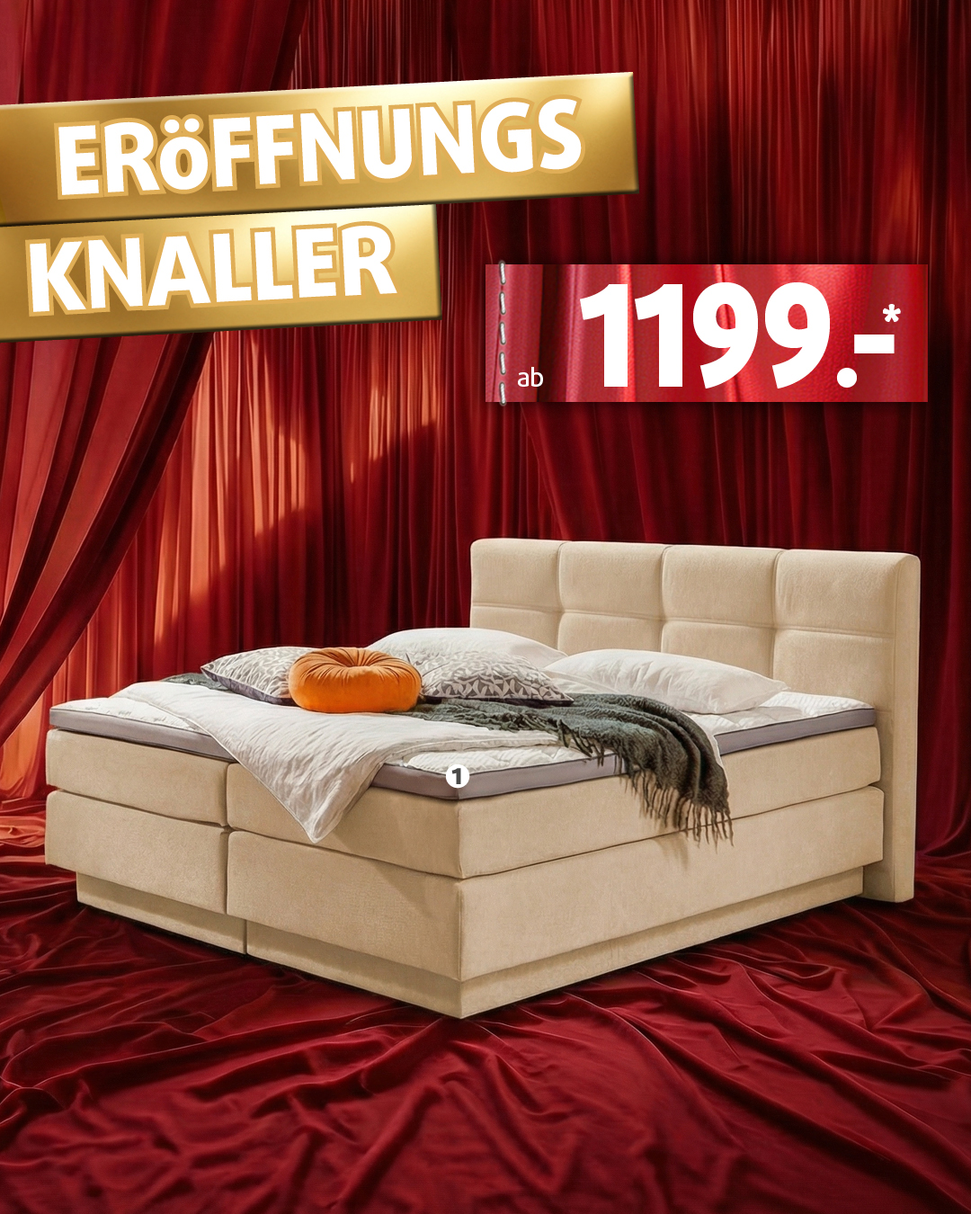 Eröffnungsknaller: beiges Boxspringbett mit gepolstertem Kopfteil – Angebot ab 1.199 Euro bei Polstermöbel Fischer.