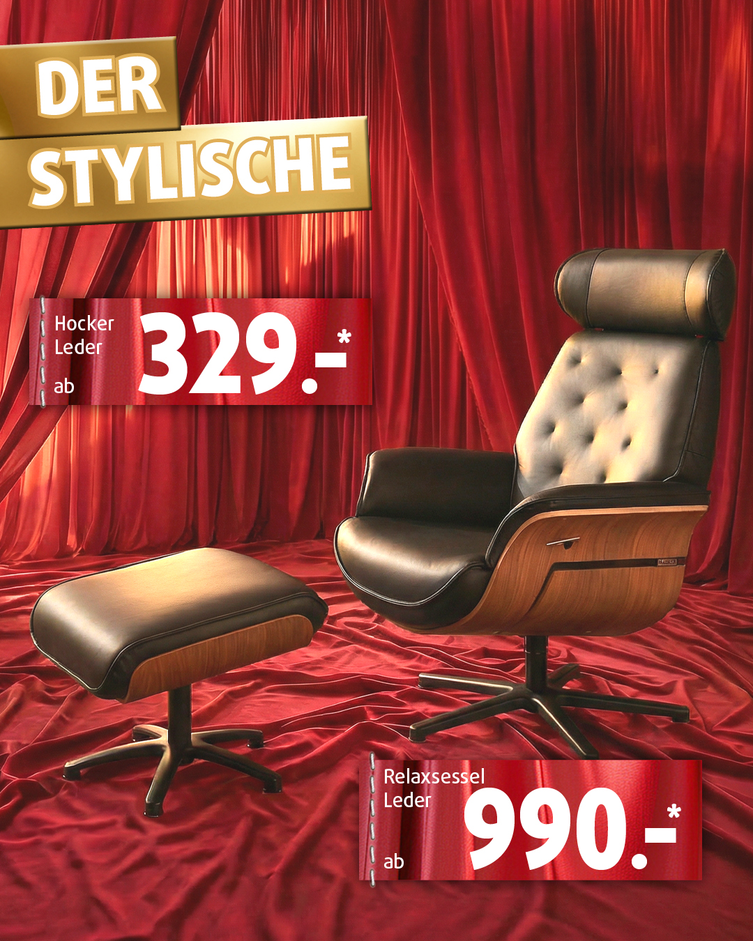 Relaxsessel aus Leder mit passendem Leder-Hocker – Sessel ab 990 Euro, Hocker ab 329 Euro bei Polstermöbel Fischer.
