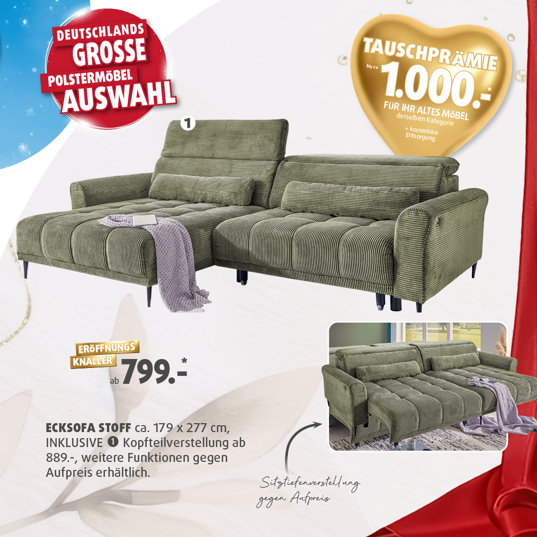 Grünes Ecksofa Stoff im Cord-Look bei Polstermöbel Fischer – Kopfteilverstellung, optional Sitztiefenverstellung, Eröffnungsangebot ab 799 € + Tauschprämie bis 1.000 €