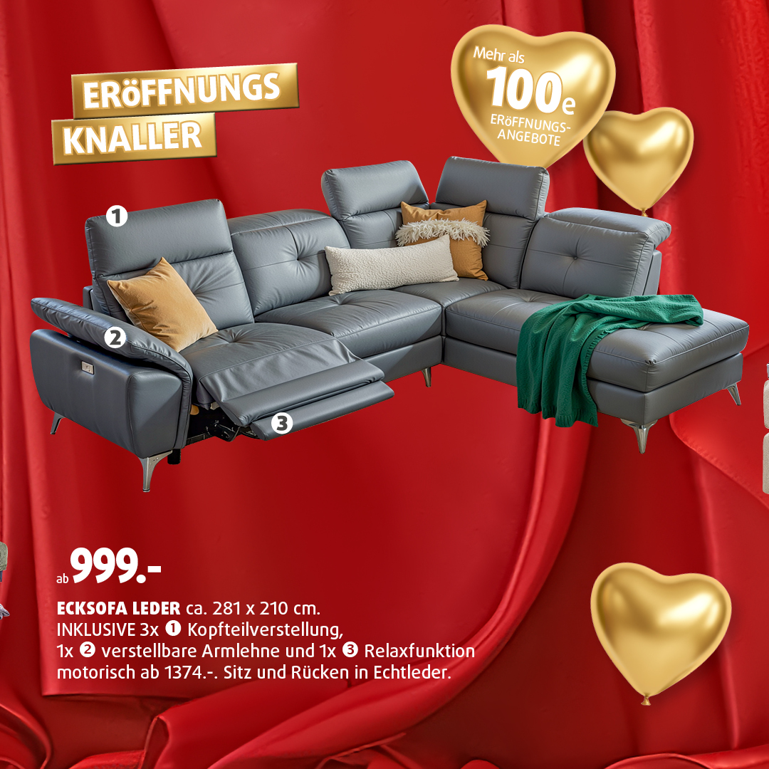 Graues Leder-Ecksofa mit motorischer Relaxfunktion, verstellbarer Armlehne und Kopfstützen – Eröffnungsknaller bei Polstermöbel Fischer ab 999 €