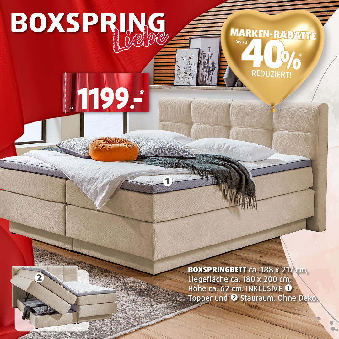 Boxspringbett in Beige mit Topper und Stauraum (Liegefläche ca. 180x200) – Boxspringliebe bei Polstermöbel Fischer ab 1.199 € + Markenrabatte bis 40 %