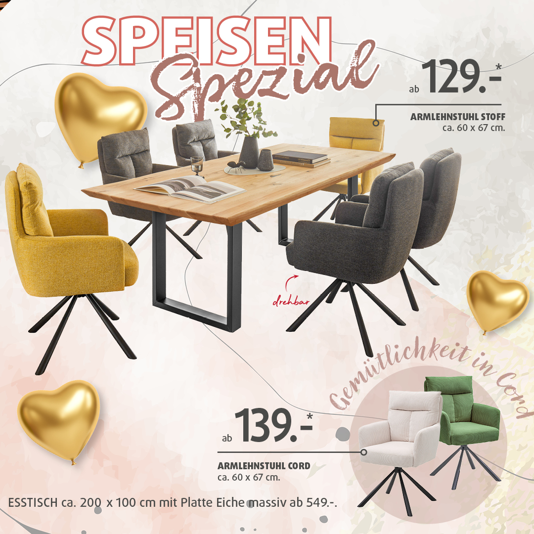 Speisen-Spezial bei Polstermöbel Fischer: Esstisch Eiche massiv (ca. 200x100) mit drehbaren Armlehnstühlen in Stoff & Cord – ab 129 € / 139 €