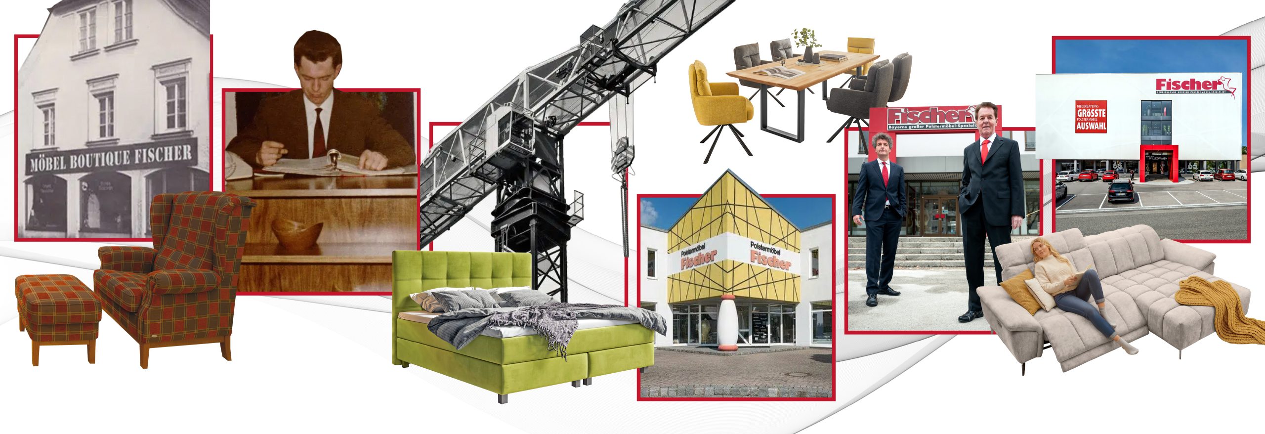 65 Jahre Polstermöbel Fischer: Collage aus früherer Möbel-Boutique, Gründerfoto, Filialen und Möbeln wie Sofa, Boxspringbett, Sessel und Essgruppe.
