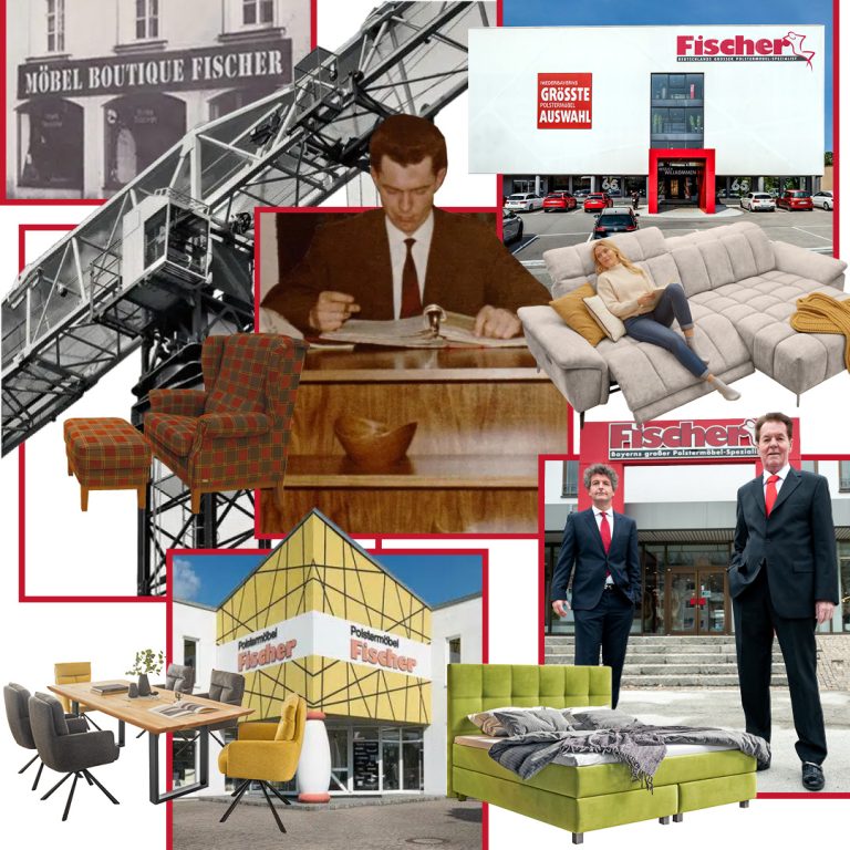Geschichte von Polstermöbel Fischer: Collage mit Gründerfoto, früherer Filiale, modernem Möbelhaus sowie Sofa, Boxspringbett, Sessel und Essgruppe.