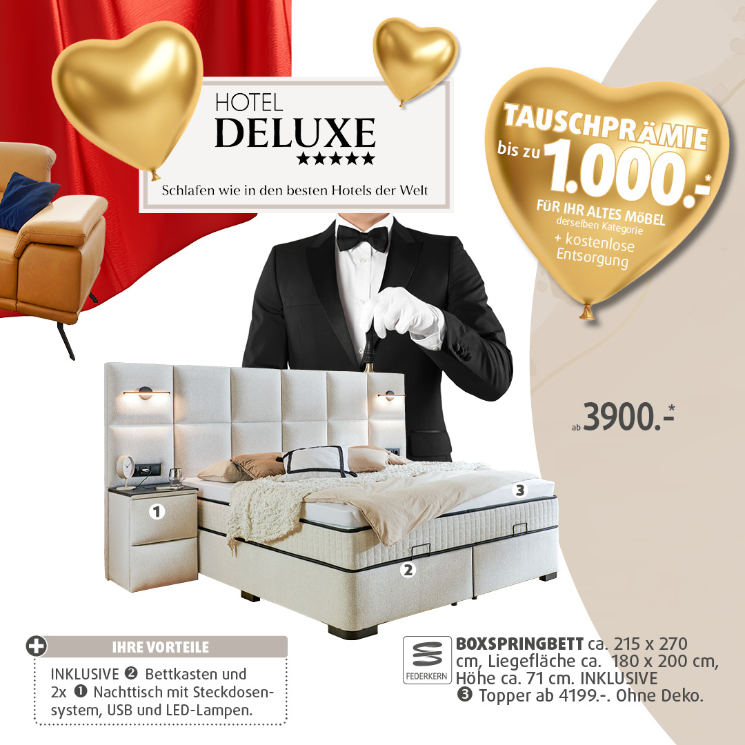 Polstermöbel Fischer Boxspringbett ‚Hotel Deluxe‘ – großes Boxspringbett mit gepolstertem Kopfteil, Nachttischen und Service-Motiv, Tauschprämie bis 1.000 Euro, inklusive Extras wie Topper/Stauraum.