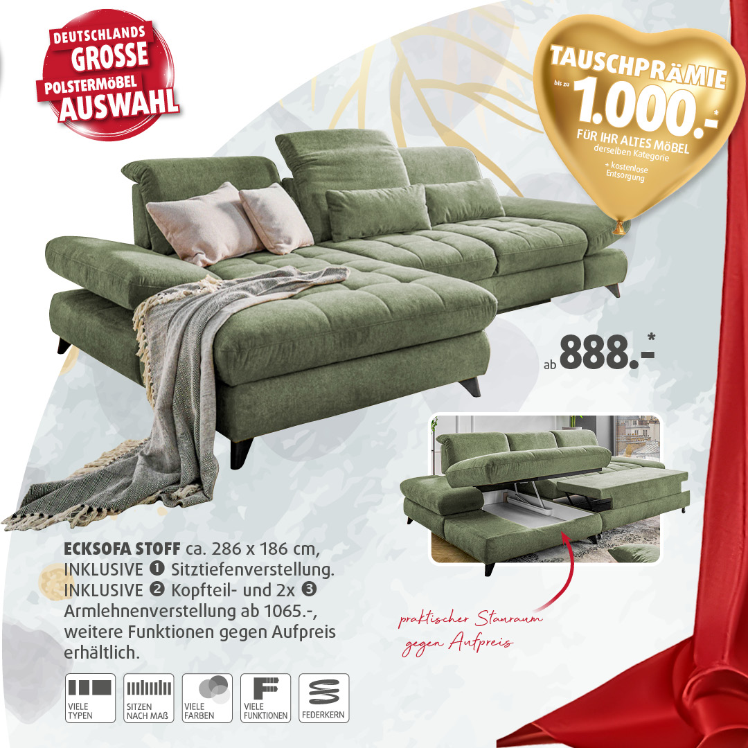 Grünes Ecksofa aus Stoff bei Polstermöbel Fischer mit Sitztiefen-, Kopfteil- und Armlehnenverstellung, ab 888 € + Tauschprämie bis 1.000 €