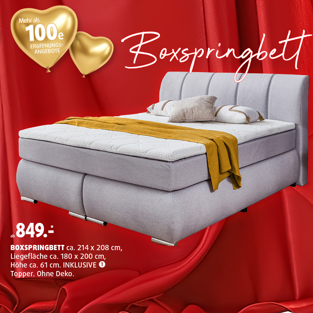 Boxspringbett in Grau bei Polstermöbel Fischer, Liegefläche ca. 180x200 cm inkl. Topper – Eröffnungsangebot ab 849 €