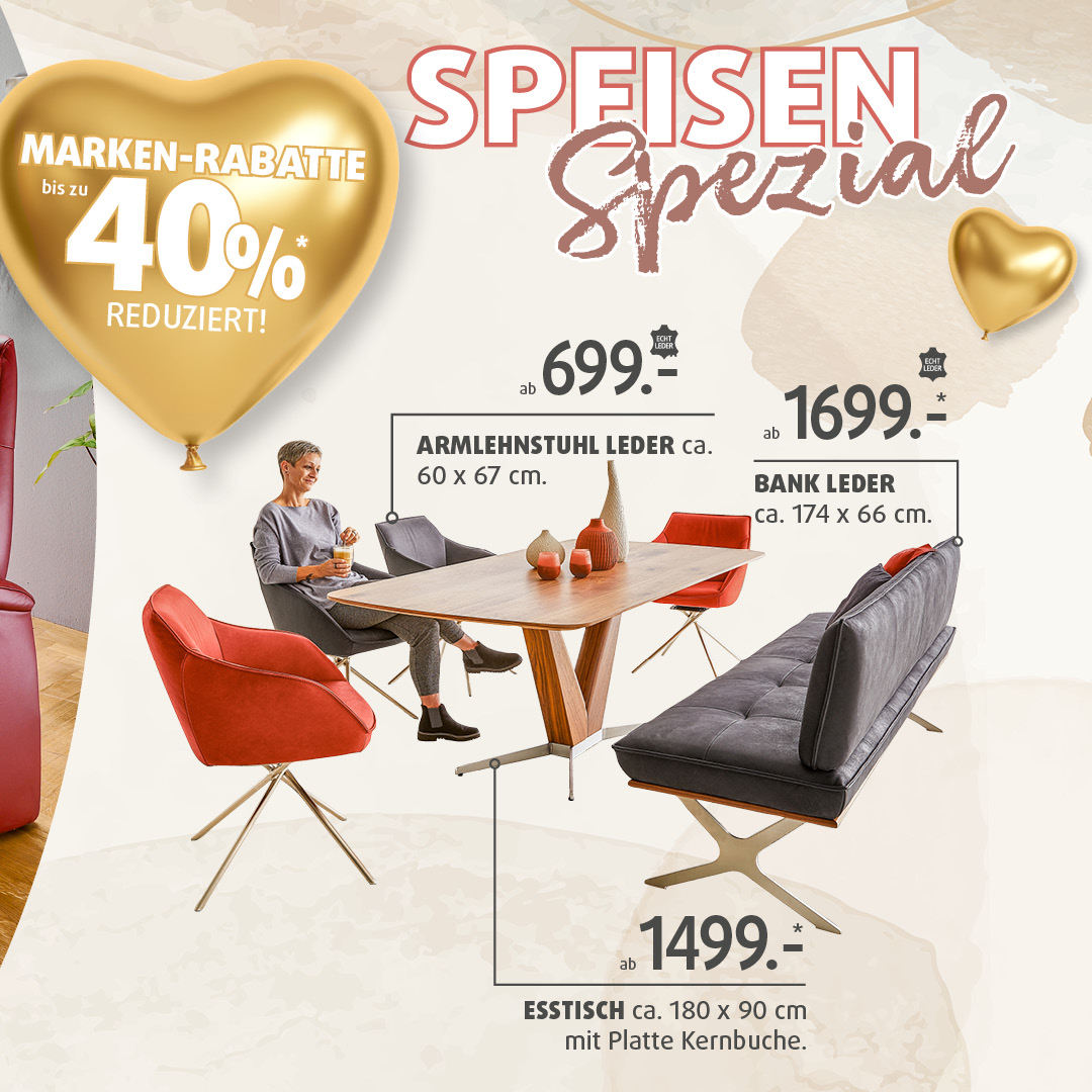 Speisen Spezial bei Polstermöbel Fischer: Essgruppe mit Kernbuche-Esstisch, Leder-Armlehnstühlen und Lederbank – Markenrabatte bis 40 %