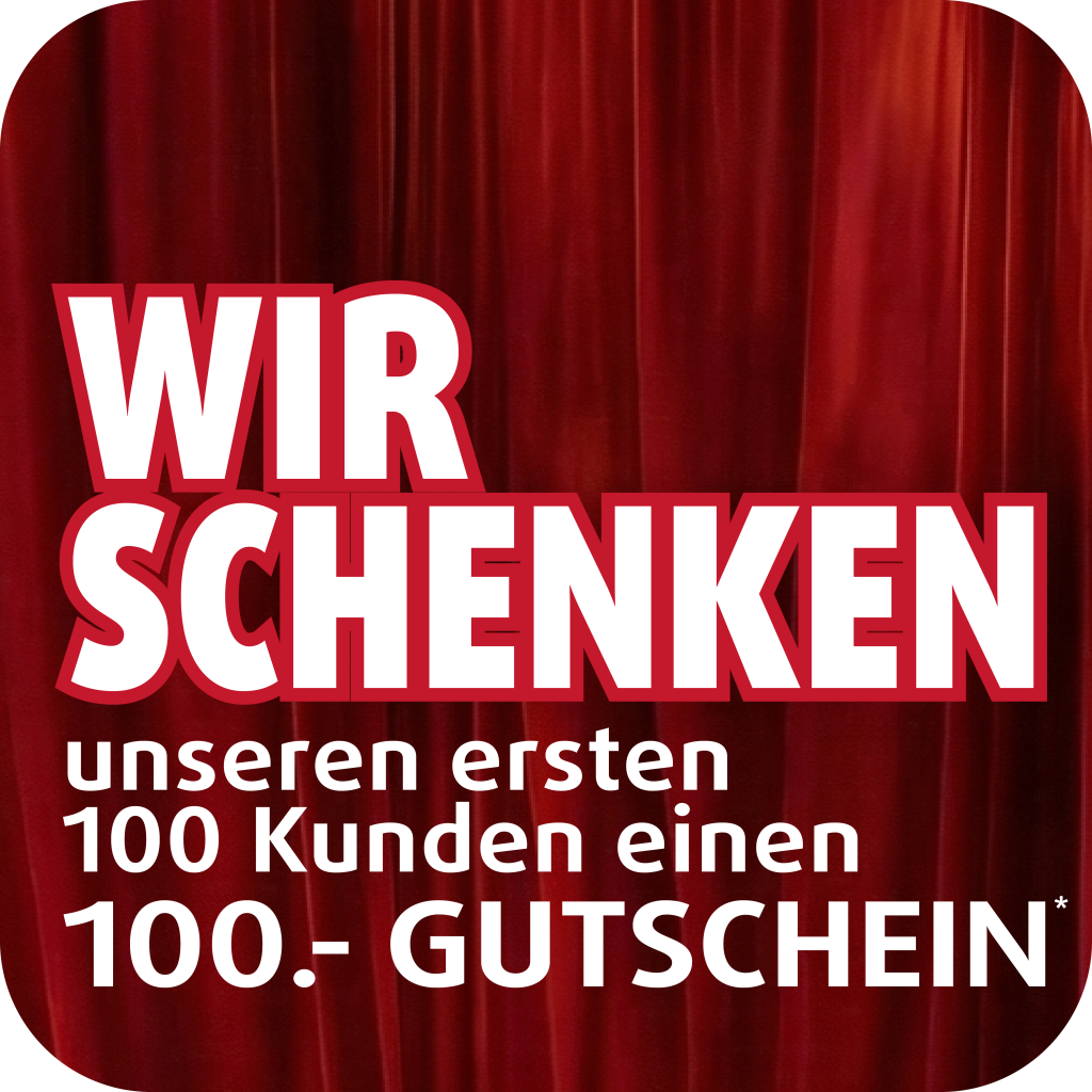 Polstermöbel Fischer Gutscheinaktion zur Neueröffnung: „Wir schenken unseren ersten 100 Kunden einen 100-Euro-Gutschein“ auf rotem Vorhang-Hintergrund.