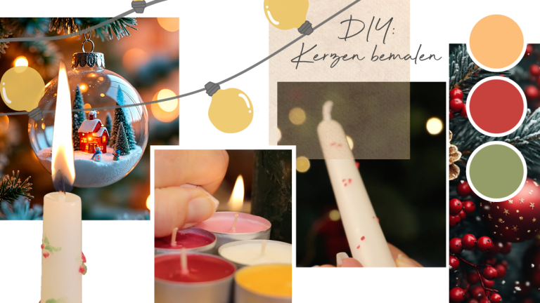 DIY Kerzen bemalen zu Weihnachten: Collage mit brennender Stabkerze, bunten Teelichtern, Weihnachtskugel und Lichterkette als kreative Deko-Idee.
