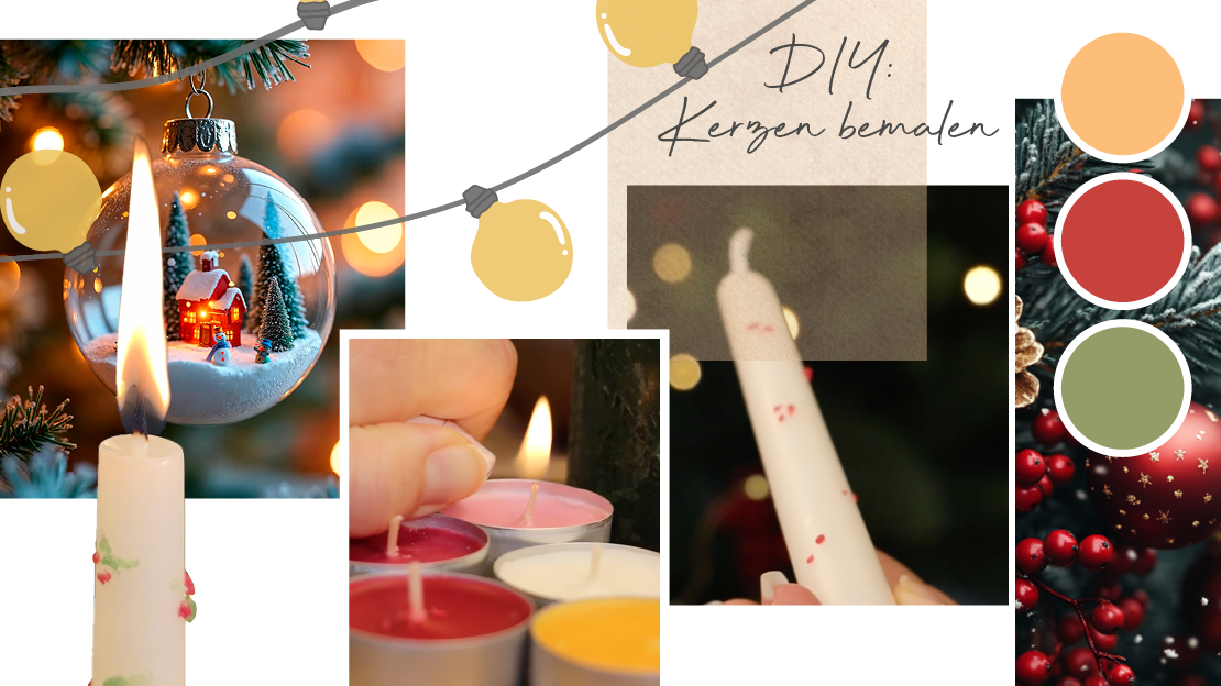 DIY Kerzen bemalen zu Weihnachten: Collage mit brennender Stabkerze, bunten Teelichtern, Weihnachtskugel und Lichterkette als kreative Deko-Idee.