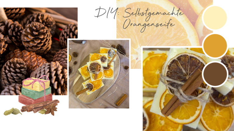 DIY selbstgemachte Orangenseife: Naturseife mit getrockneten Orangenscheiben, Zimtstangen und Tannenzapfen als weihnachtliche Geschenkidee.