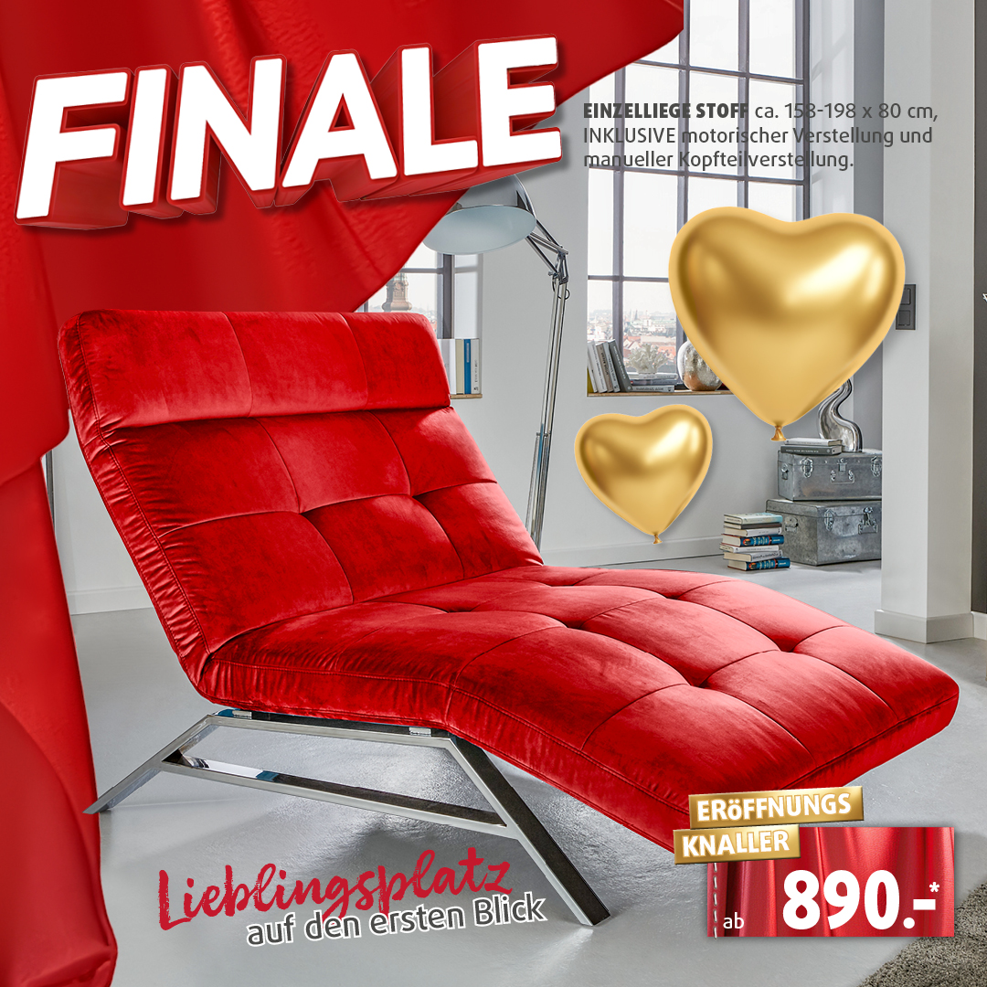 Rote Relaxliege mit verstellbarem Rücken in moderner Wohnszene, Finale-Angebot mit Eröffnungspreis und Herz-Ballons