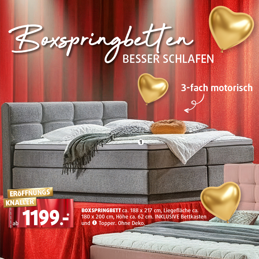 Graues Boxspringbett mit gepolstertem Kopfteil vor rotem Hintergrund, Hinweis auf besser schlafen, motorische Verstellung und Eröffnungsangebot