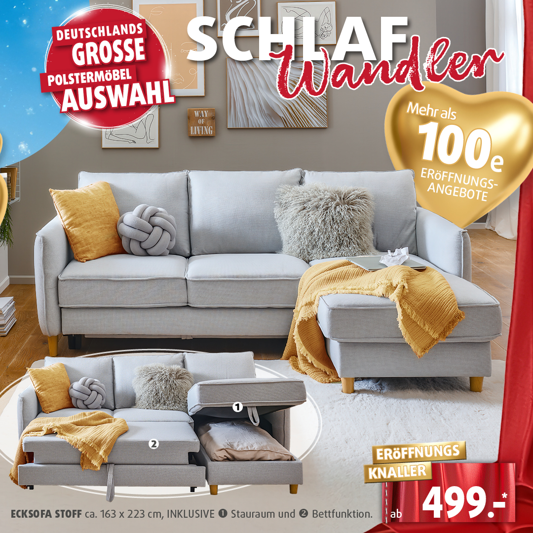 Graues Ecksofa mit Schlaffunktion und Stauraum in modernem Wohnzimmer, beworben als Eröffnungsangebot von Polstermöbel Fischer