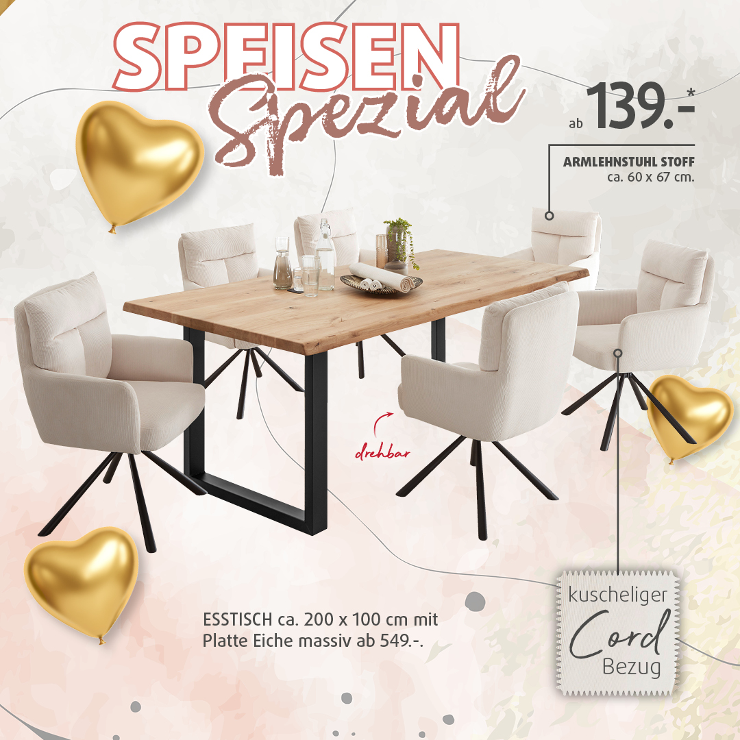 Essgruppe mit Holztisch und drehbaren Polsterstühlen mit Cordbezug, präsentiert als Eröffnungsangebot