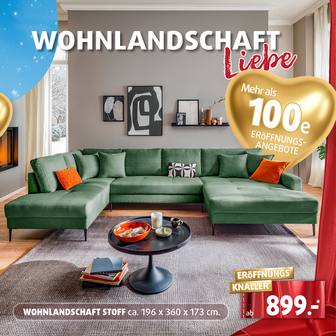 Grüne Wohnlandschaft aus Stoff in modernem Wohnzimmer mit Couchtisch, präsentiert als Eröffnungsangebot