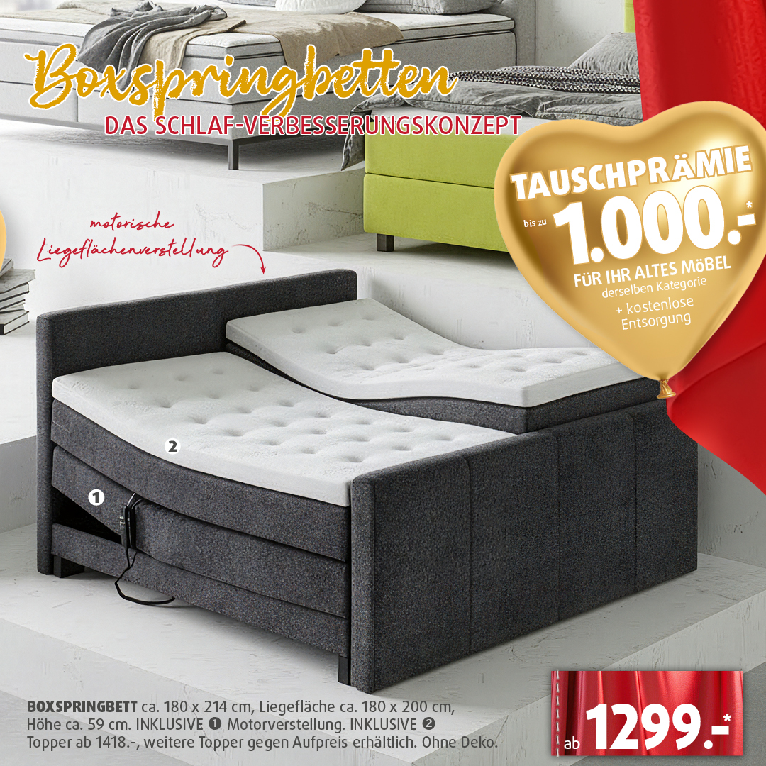 Boxspringbett mit geteilter Liegefläche und motorischer Verstellung, dargestellt als Eröffnungsangebot bei Polstermöbel Fischer