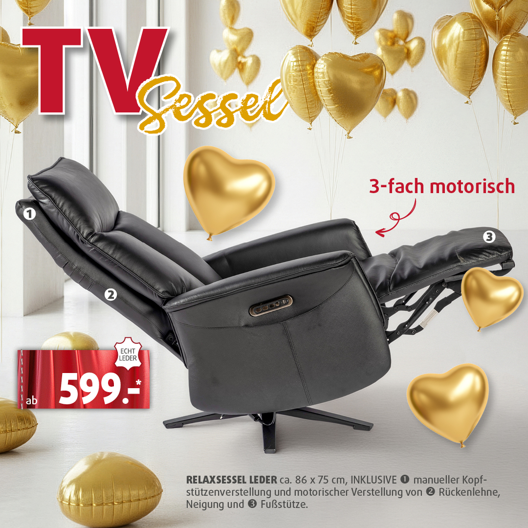 Schwarzer TV-Relaxsessel aus Leder mit motorischer Verstellung von Rückenlehne und Fußstütze