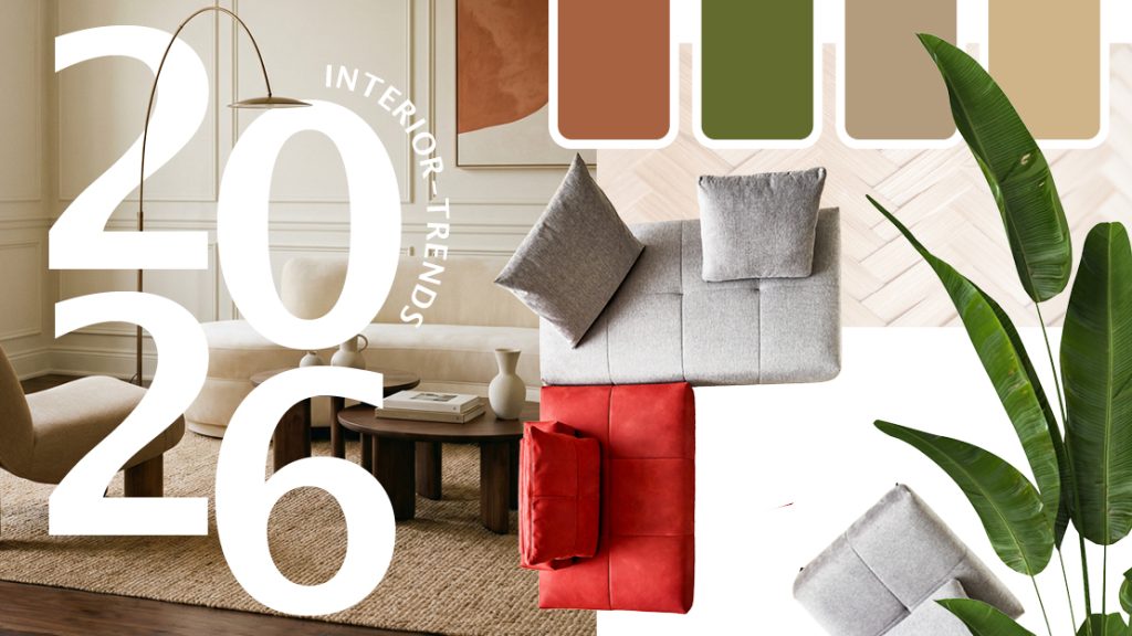 Interior Trends 2026 mit modernen Polstermöbeln, warmen Naturfarben, modularen Sofaelementen und aktueller Farbpalette für zeitgemäßes Wohnen