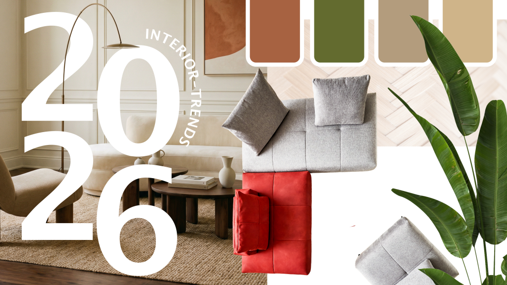 Interior Trends 2026 mit modernen Polstermöbeln, warmen Naturfarben, modularen Sofaelementen und aktueller Farbpalette für zeitgemäßes Wohnen. Transparenter Hintergrund