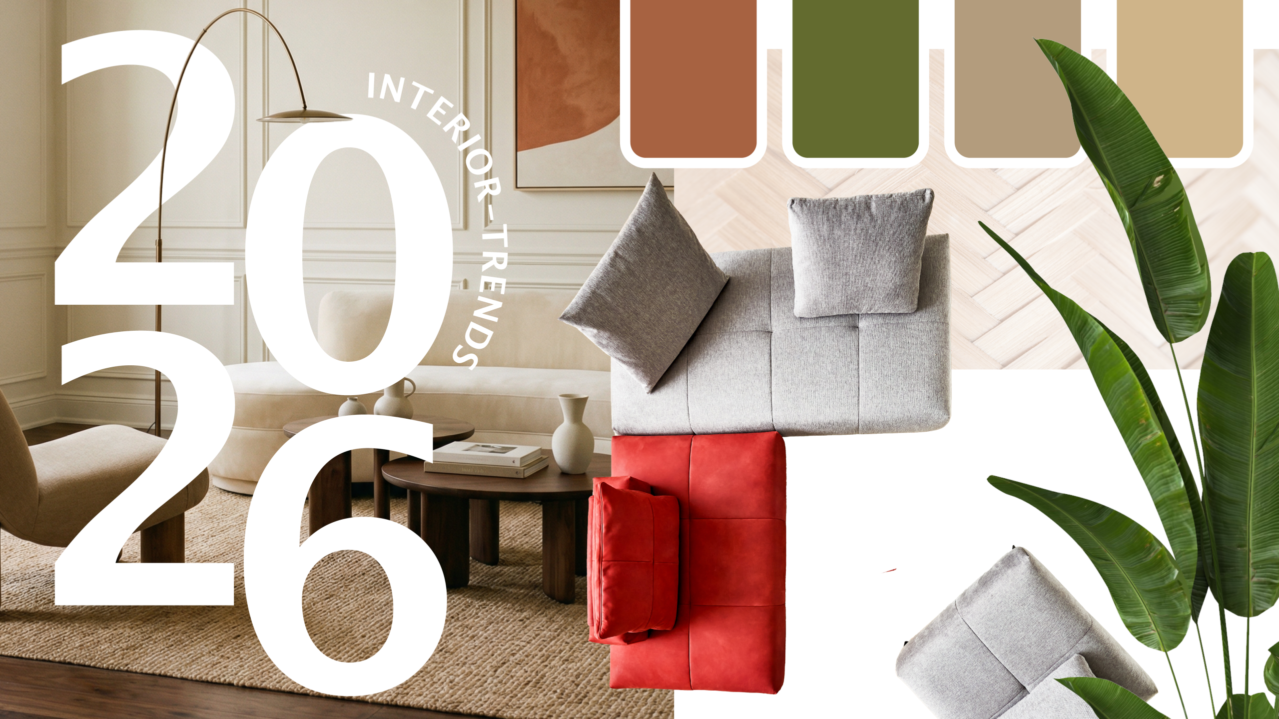 Interior Trends 2026 mit modernen Polstermöbeln, warmen Naturfarben, modularen Sofaelementen und aktueller Farbpalette für zeitgemäßes Wohnen. Transparenter Hintergrund