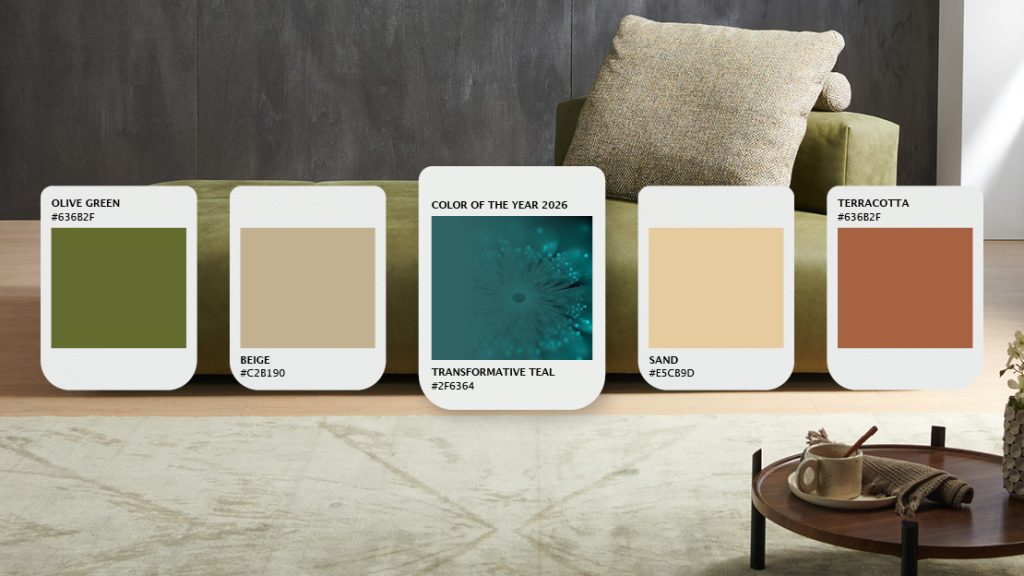 Grünes Stoffsofa im modernen Wohnraum mit Farbtrend 2026, Naturtönen wie Olive, Beige, Sand und Terrakotta für wohnliche Einrichtung