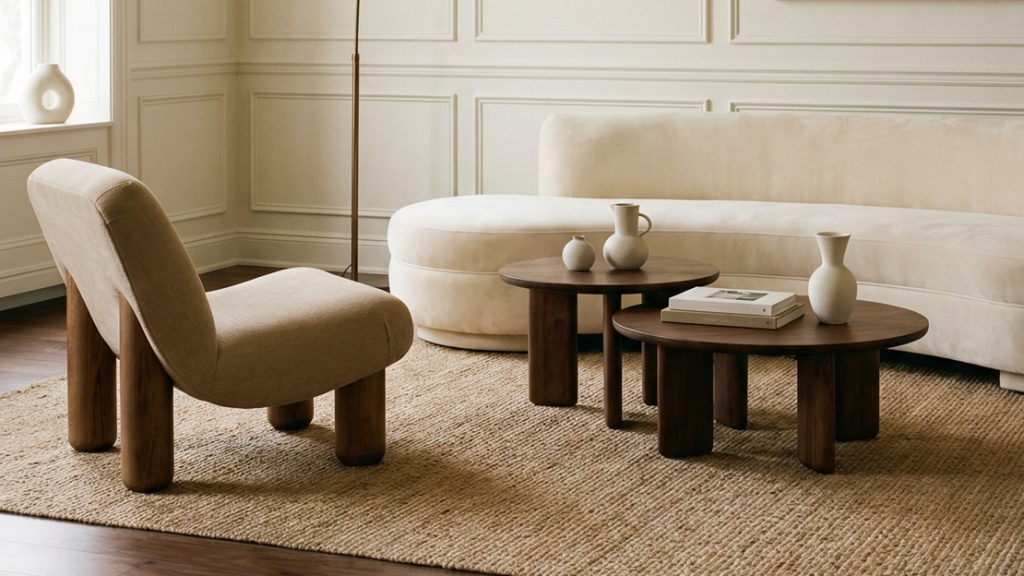 Beige Wohnlandschaft mit organischen Formen, Holztischen und Teppich in hellem Wohnzimmer – moderner Wohntrend mit natürlichen Materialien