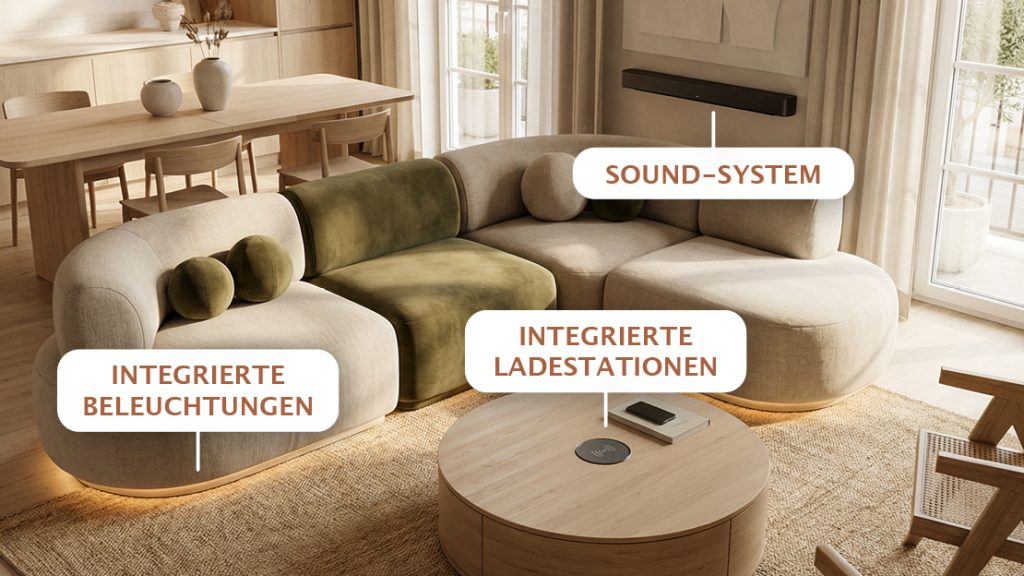 Modulares Sofa mit integrierter Beleuchtung, Ladestation und Sound-System in wohnlicher Umgebung – modernes Smart-Living Polstermöbel